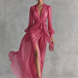 Roze Chiffon Haljina s V-Izrezom