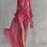 Roze Chiffon Haljina s V-Izrezom