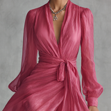 Roze Chiffon Haljina s V-Izrezom