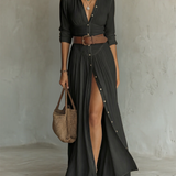 Leinen Maxikleid mit Reverskragen und langen Ärmeln