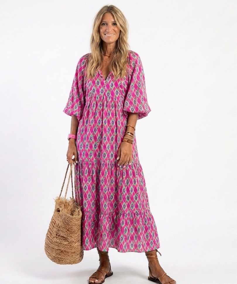 Apolline | Midi Dress with Three-Quarter Sleeves and V-Neck