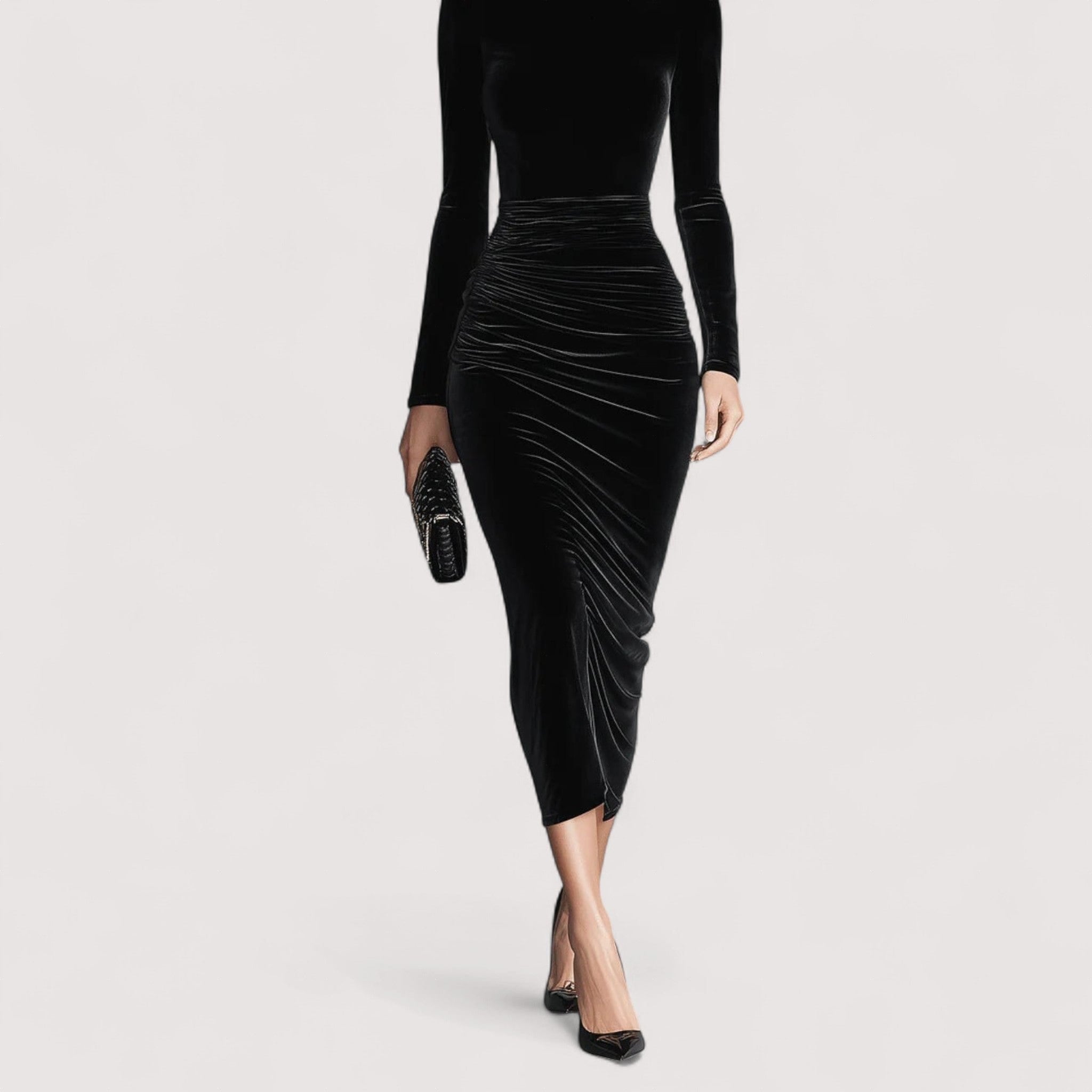 Anora™ | Elegantna crna baršunasta haljina s visokim ovratnikom - nadiazagreb