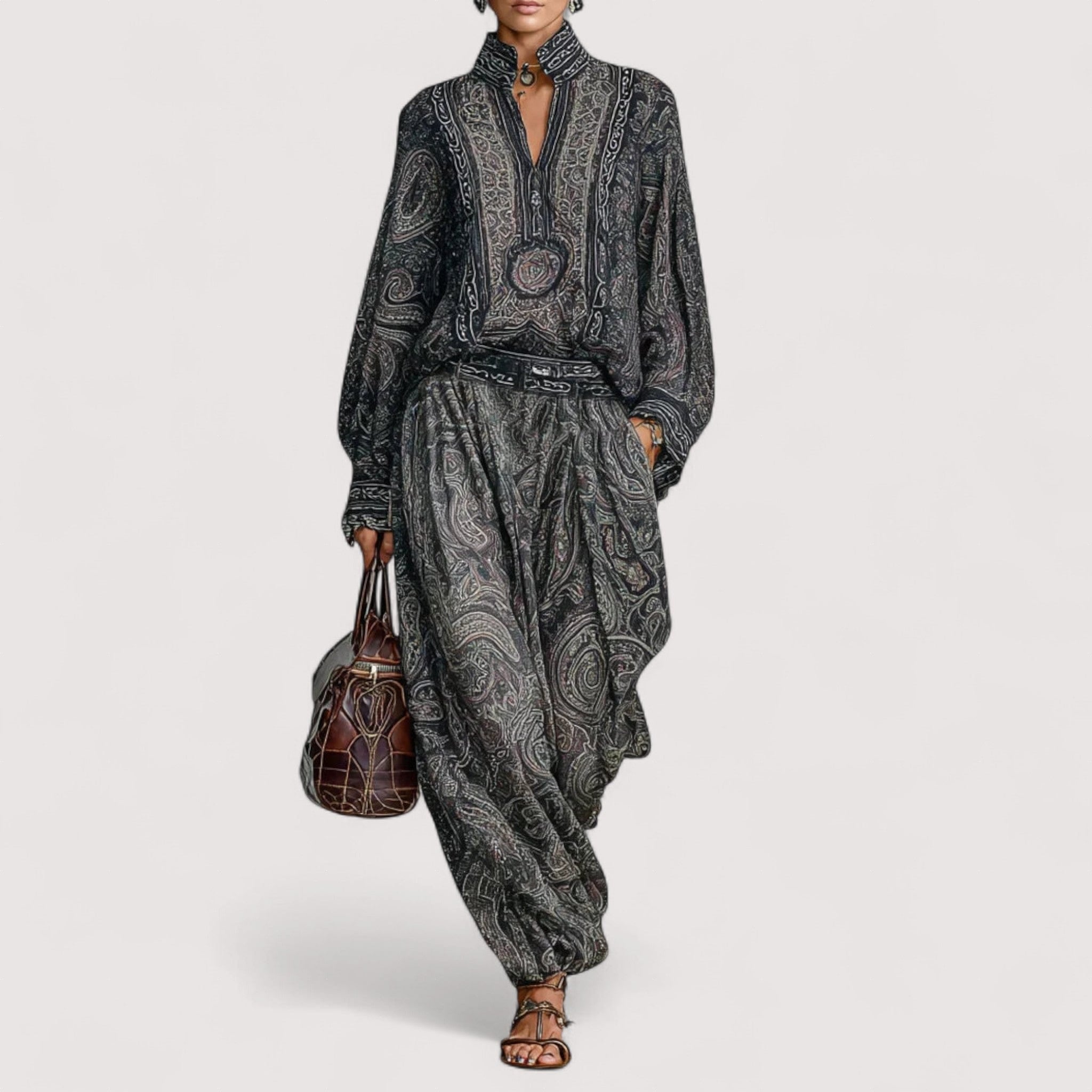 Aveline™ | Vintage Dvodelni Set: Majica s Dugim Rukavima s Paisley Printom i Hlače - nadiazagreb