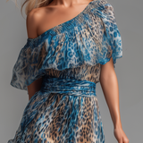 Selvaggia - Čipkasta Duga Haljina s Leopard Uzorkom i Otkritim Ramenima