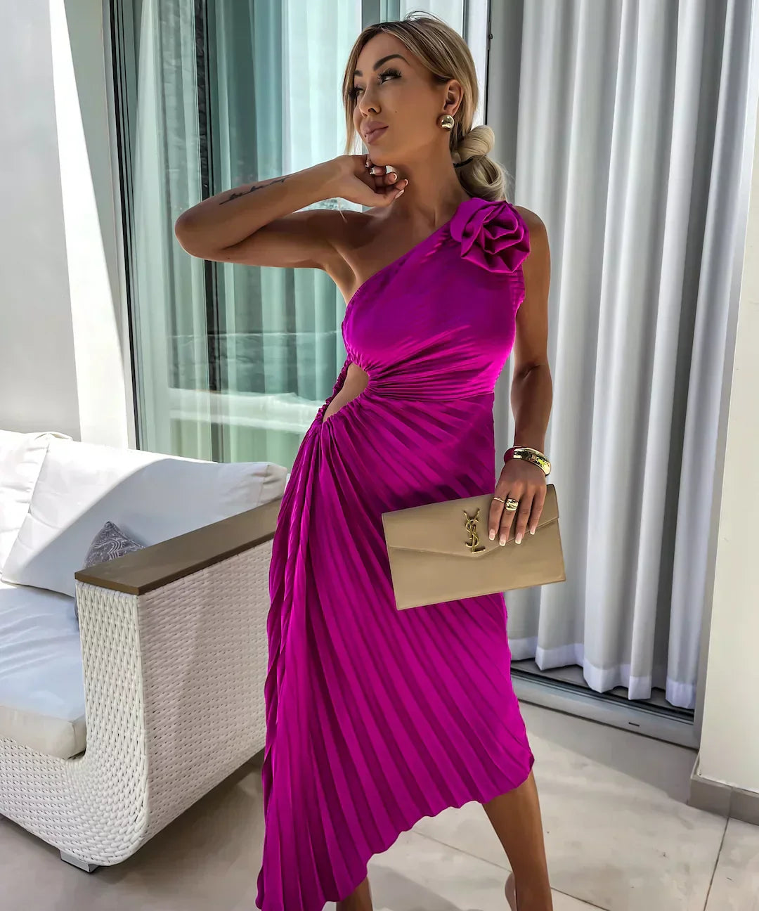 Eya™ | Elegant Maxi Dress with Floral Pattern and One-Shoulder Design