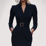 Nora™ | Elegantna crna haljina s remenom i ovratnikom na mandarine - nadiazagreb