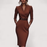 Nora™ | Elegantna crna haljina s remenom i ovratnikom na mandarine - nadiazagreb