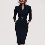 Nora™ | Elegantna crna haljina s remenom i ovratnikom na mandarine - nadiazagreb