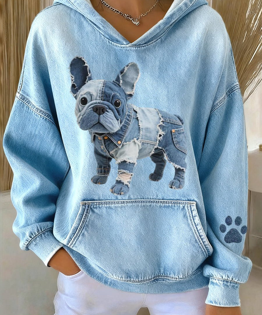 Ženska dukserica s motivom francuskog buldoga i denim patchwork detaljima - nadiazagreb