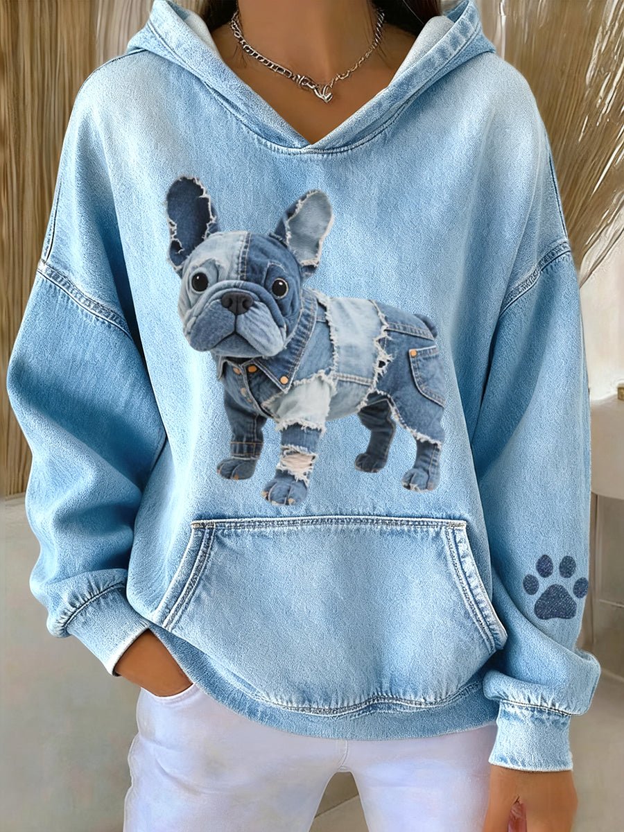 Ženska dukserica s motivom francuskog buldoga i denim patchwork detaljima - nadiazagreb