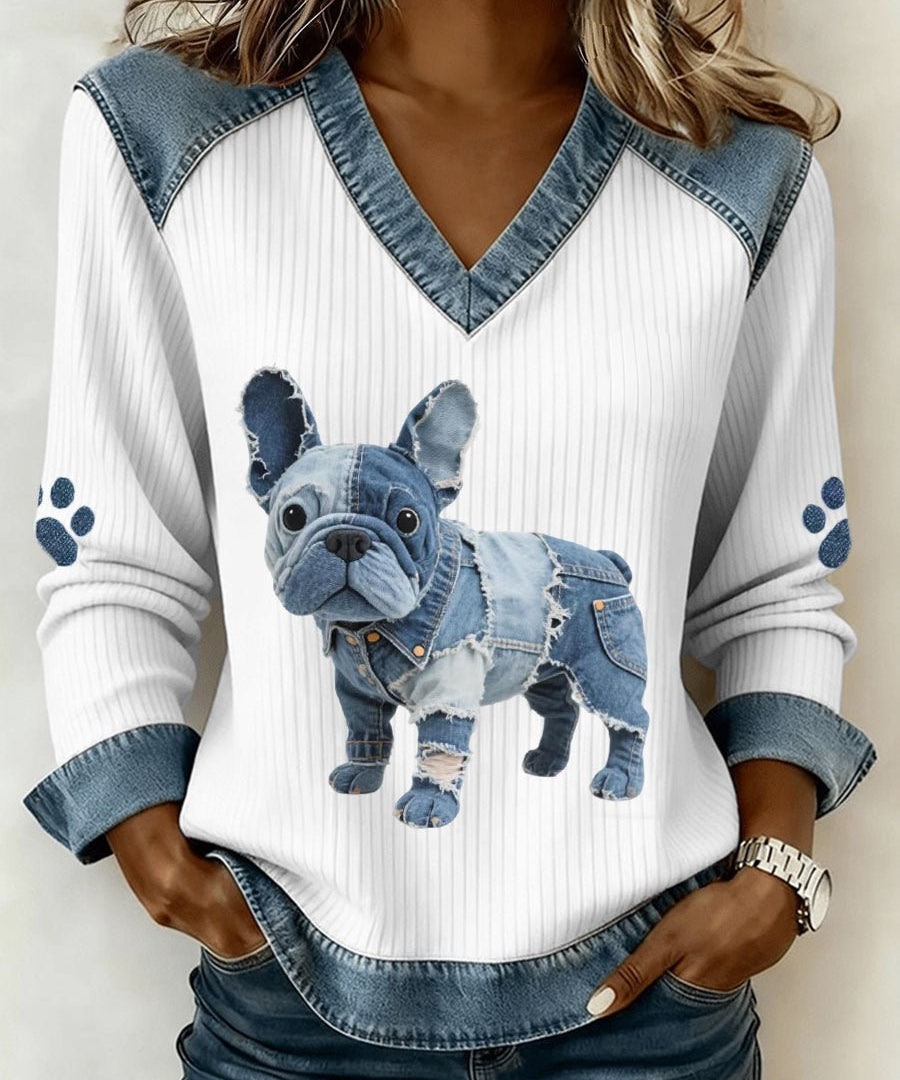 Ženski patchwork top s V - izrezom – uzorak francuskog buldoga - nadiazagreb