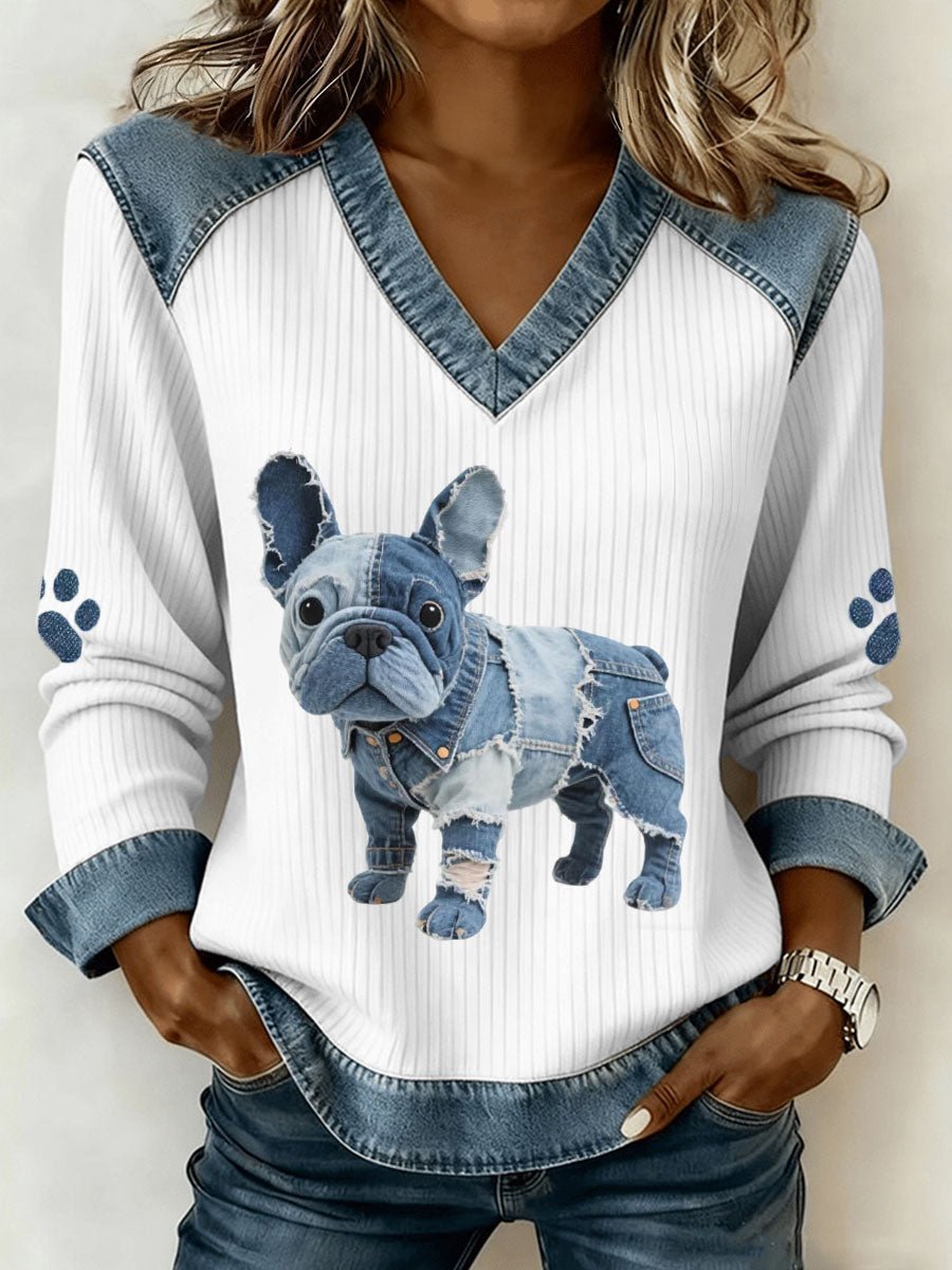 Ženski patchwork top s V - izrezom – uzorak francuskog buldoga - nadiazagreb